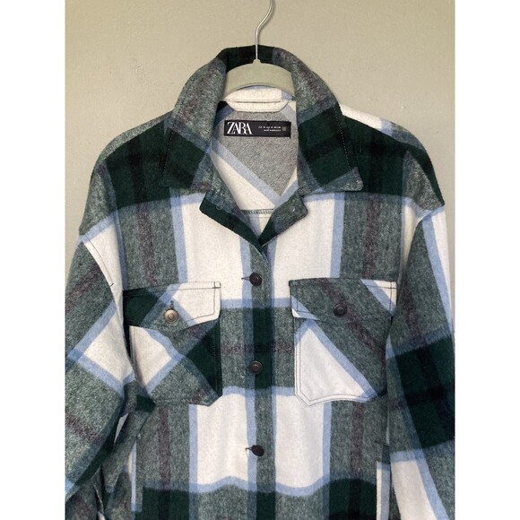 ZARA Oversize Plaid Shacket Wool Blend Jacket Women M Green White Flannel Layer - Picture 5 of 16